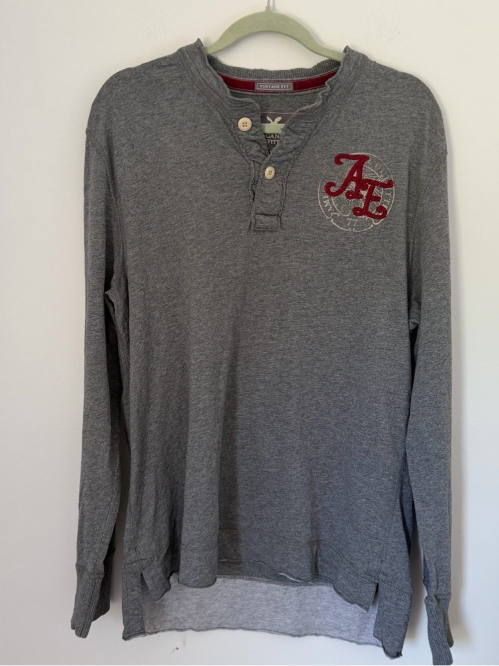 American Eagle Vintage Fit Henley Long Sleeve Grey Distressed Y2K XL